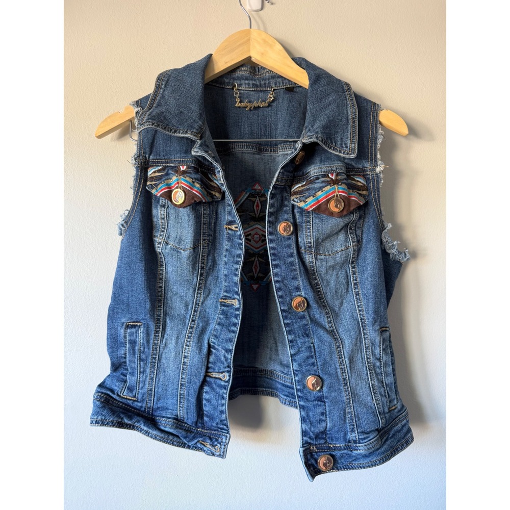 Vintage Baby‎ Phat Denim Vest Large Aztec Embroidered Y2K Distressed Grunge